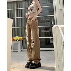 棕色破洞美式随性辣妹复古做旧大破洞直筒牛仔裤女潮搭春季阔腿裤，男装牛仔裤，星座506A