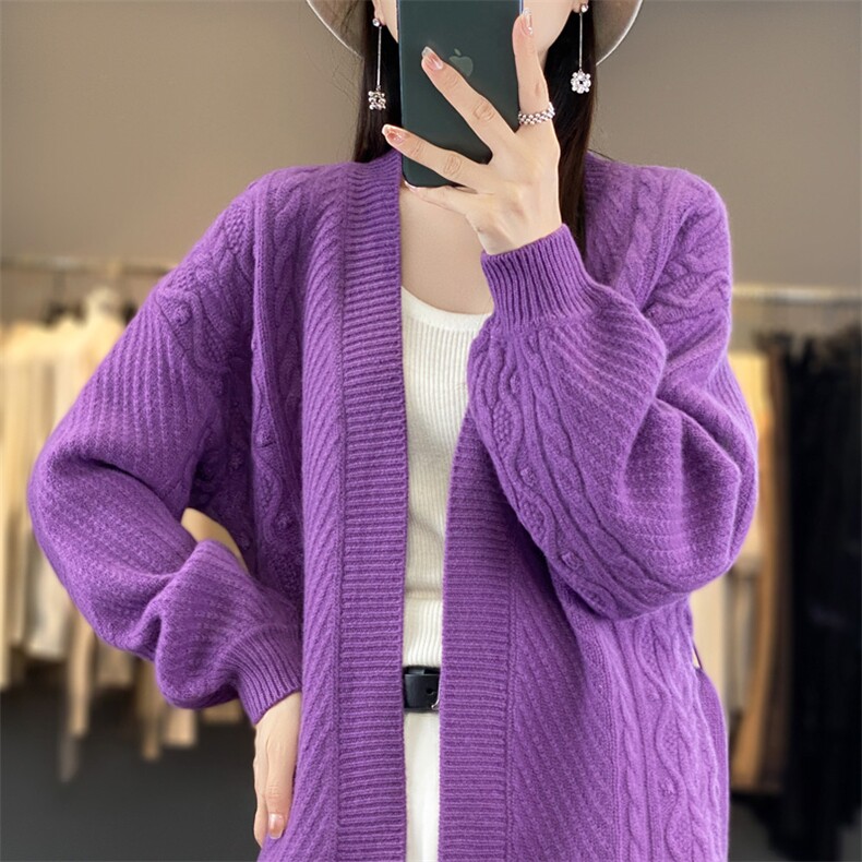 高端羊绒开衫女V领加厚宽松腰带中长款羊毛针织衫慵懒风外套毛衣,女装羊毛衫,隆格羊绒