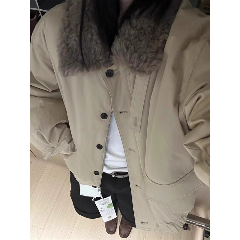 网图高品质毛毛领休闲廓形系扣外套工装棉服翻领棉衣G1173特P95,男装棉衣,电商A339