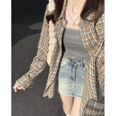 TC673-p45韩系复古慵懒风格子衬衫女早秋新款宽松百搭上衣，女装衬衫，星座617A-2
