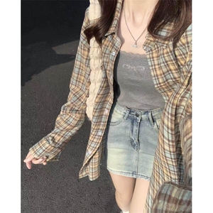 TC673-p45 韩系复古慵懒风格子衬衫女早秋新款宽松百搭上衣图片