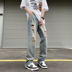 破洞牛仔裤男韩版潮流高街帅气2023春夏季ins宽松直筒裤RK103-P40，男装牛仔裤，星座412-2
