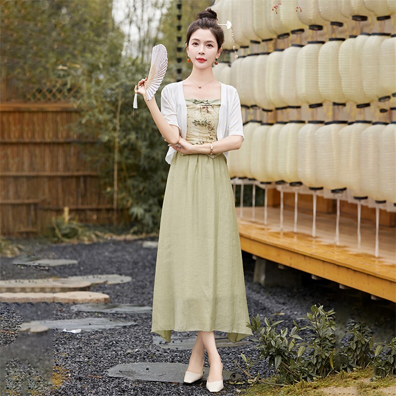 新中式国风禅意女装2025夏季宋制改良汉服元素吊带连衣裙开衫套装,女装套装/套裙,天丽