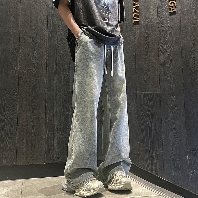 美式复古牛仔男夏休闲潮牌美式高街长裤微喇裤图片