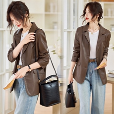 海宁真皮皮衣女士单排两粒扣2025春装新款韩版绵羊皮修身西装外套，女装皮衣，缘衣格