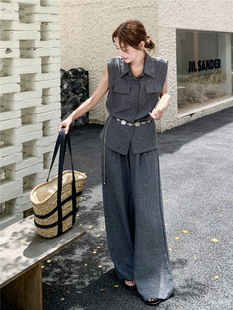 韩系高级感深灰色马甲套装女2025年夏季新款减龄显瘦阔腿裤两件套,女装套装/套裙,蝶眷