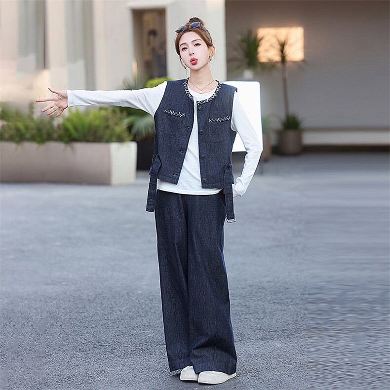 牛仔套装女2025开春新款超火休闲小香风马甲阔腿裤三件穿搭一整套,女装套装/套裙,歌伊格美