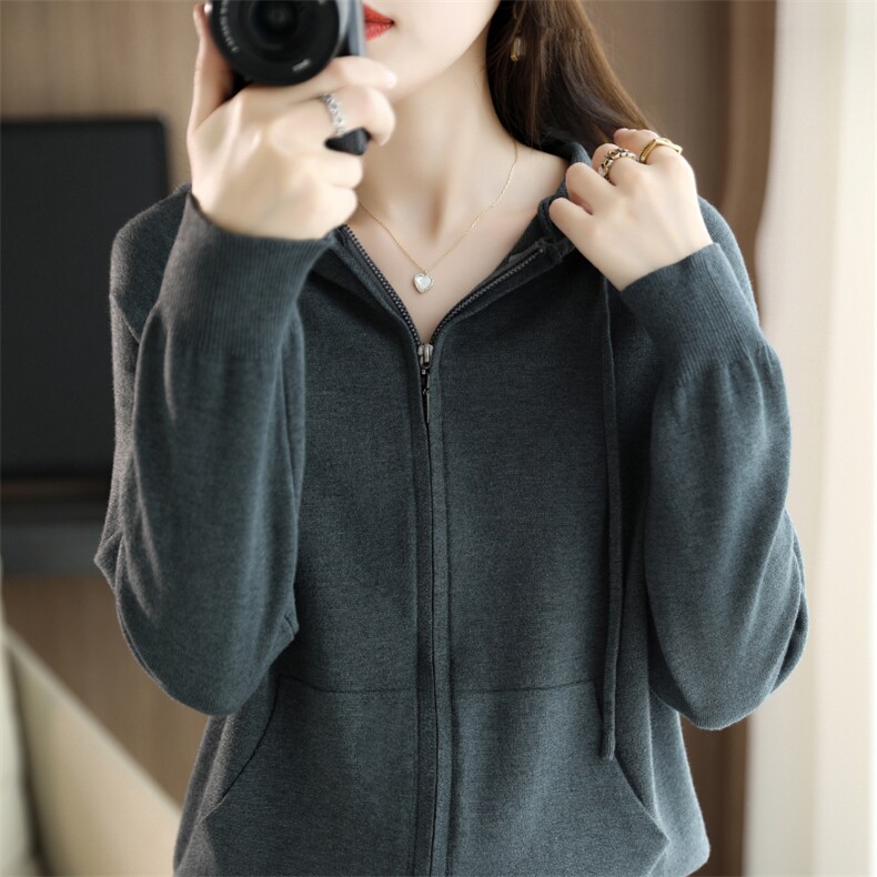秋冬新款连帽开衫卫衣女宽松羊毛外搭拉链针织外套羊毛衫洋气,针织衫/毛衣,萱芳婷羊绒