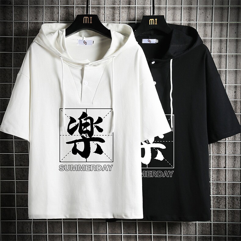 LD54197-P45连帽短袖t恤男大码胖子带帽五分袖中袖网格挂拍,男装T恤,电商A040A