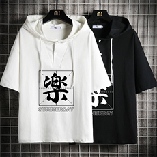 LD54197-P45连帽短袖t恤男大码胖子带帽五分袖中袖网格挂拍，男装T恤，电商A040A