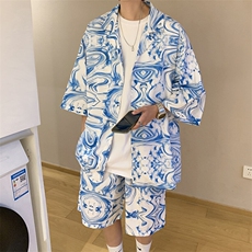特P45控88-夏装冰丝短袖衬衫短裤休闲套装男生沙滩裤两件套XTZ226，男装T恤，电商B370