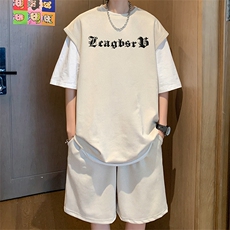 直播美式麂皮绒宽松背心无袖t恤短裤大码两件套套装TZ64-P58，男装T恤，电商A486