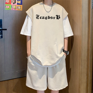 直播美式麂皮绒宽松背心无袖t恤短裤大码两件套套装 TZ64-P58图片