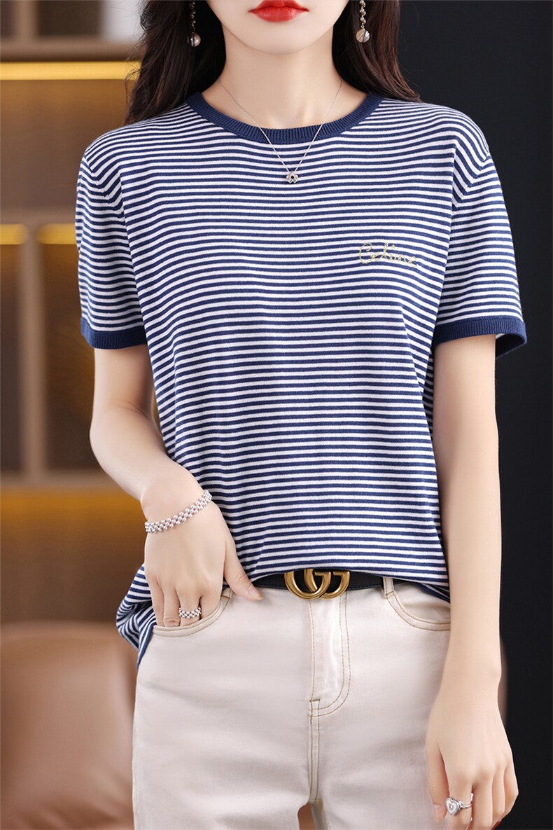 条纹T恤女短袖2024夏季新款韩版宽松圆领针织衫半袖百搭,女装T恤,盛世绒华