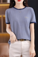条纹T恤女短袖2024夏季新款韩版宽松圆领针织衫半袖百搭，女装T恤，盛世绒华
