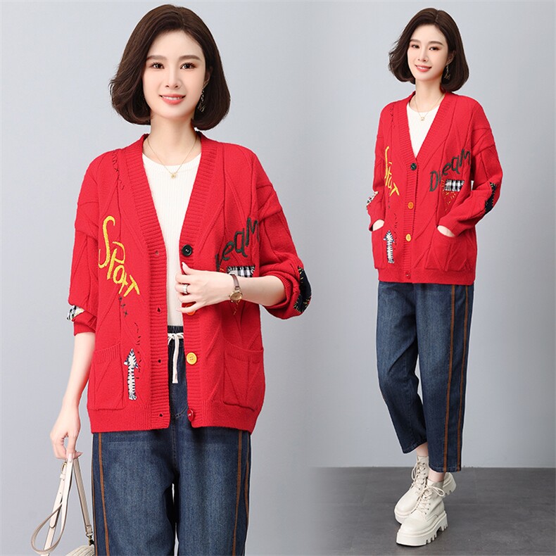 开衫毛衣外套女秋冬2023新款宽松洋气小个子妈妈V领绣花针织上衣，女装大码女装，奕阳依阁