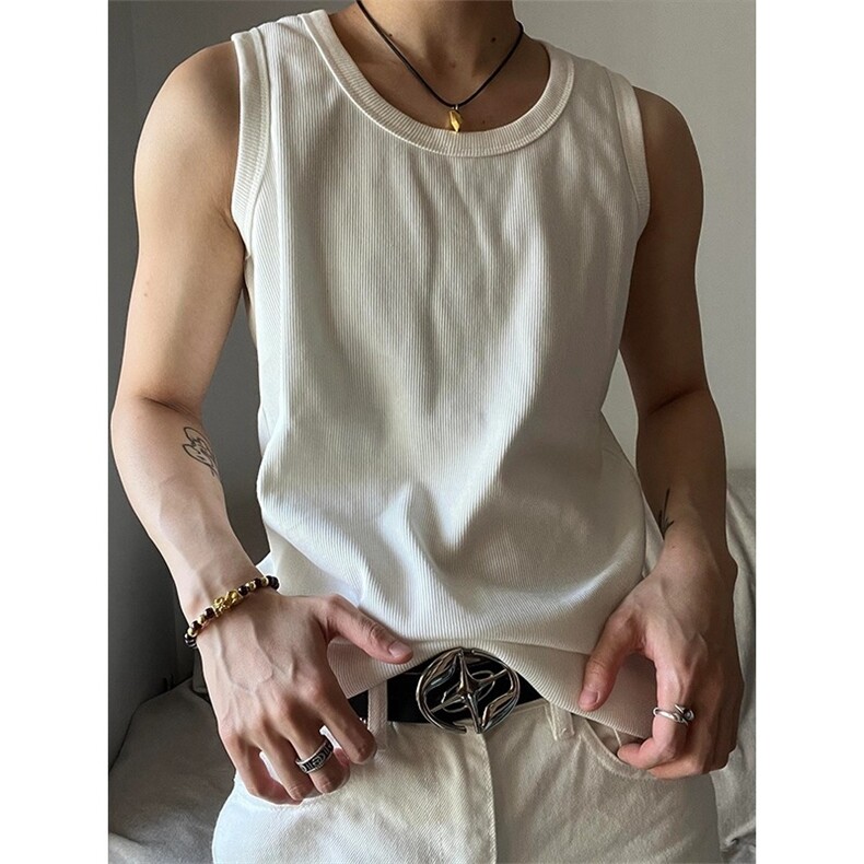 纯色慵懒螺纹背心男款夏季修身显肌肉无袖t恤美式健身运动打底衫，男装背心/马甲，星座506A