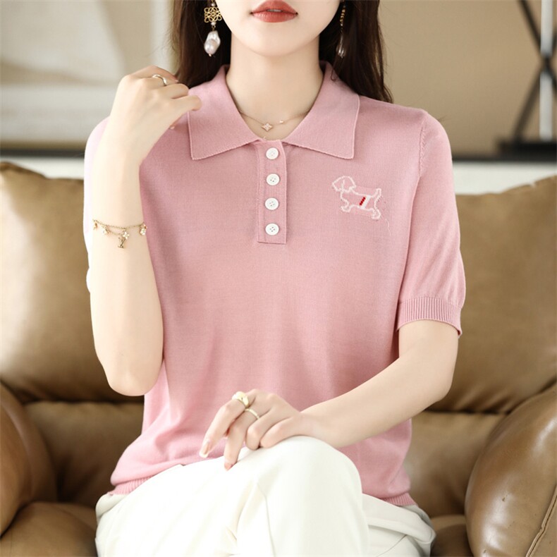 2025春夏新POLO领四粒扣袖口色道短袖女减龄休闲气质百搭亲肤T恤，女装T恤，德尔信羊绒