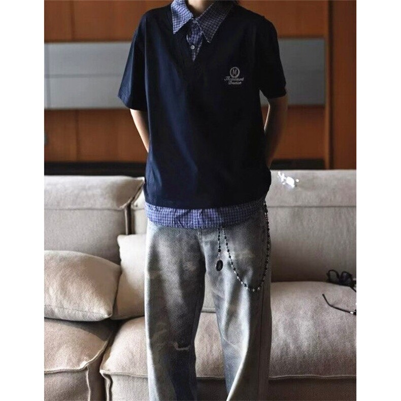 夏季学院风假两件短袖男女格子拼接polo衫t恤翻领复古休闲TB65,男装Polo衫,星座1116A（原606A-3）