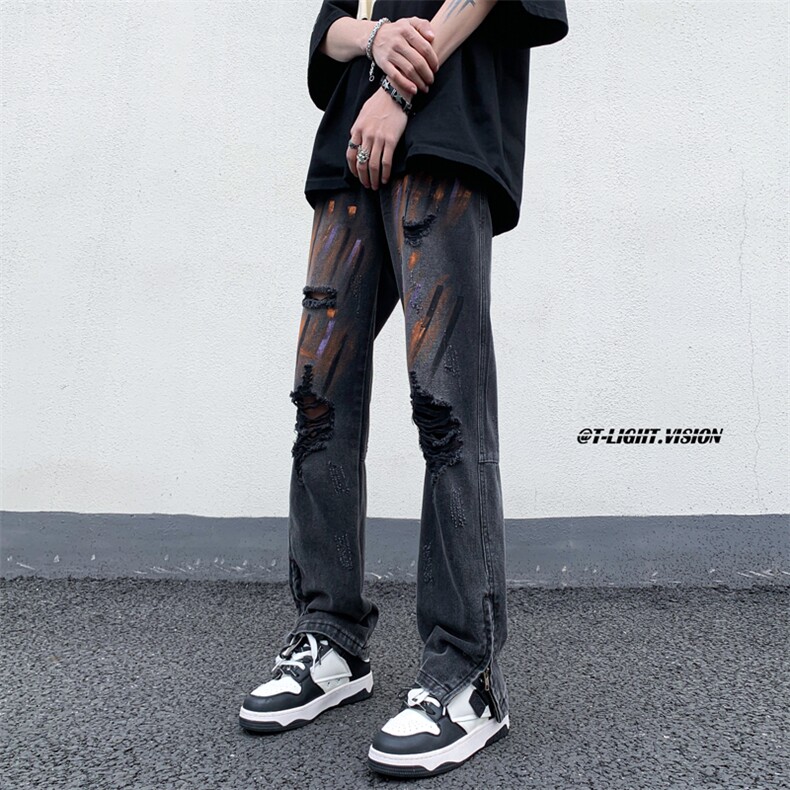 B221美式ins高街暗黑小众拉链喷墨破洞牛仔裤LK23085-P65控88,男装牛仔裤,电商B221