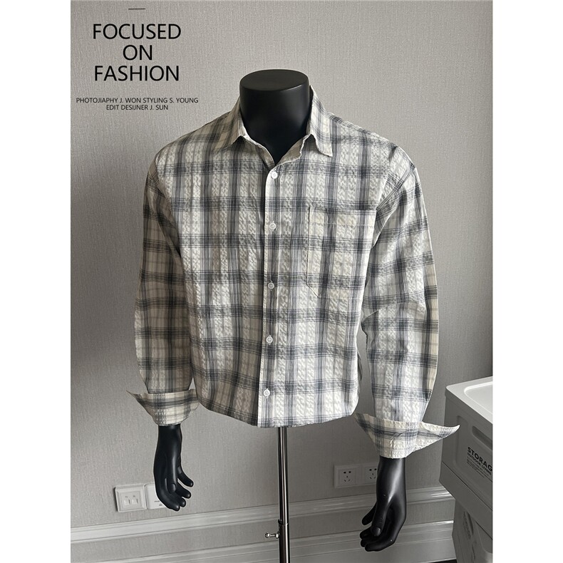 2026清爽微皱男士格子衬衫白色S143/P68控95，男装衬衫，电商A242