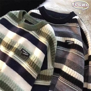 条纹毛衣男生秋冬季加厚拼接撞色针织衫慵懒潮牌宽松内搭打底线衣图片