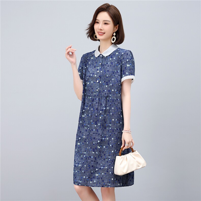 2025年夏季优雅气质碎花娃娃领时尚休闲碎花连衣裙,女装连衣裙,依恋蒂丝
