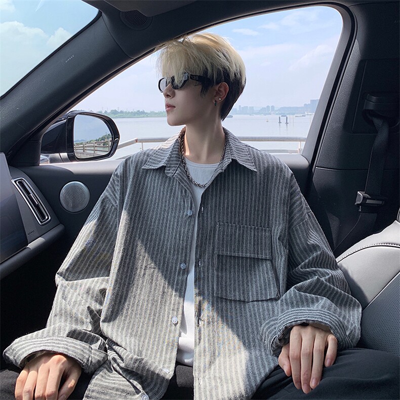 衬衫男春季新款港风宽松大码立体口袋纯棉条纹长袖衬衣CS3099-P42，男装衬衫，星座214-3