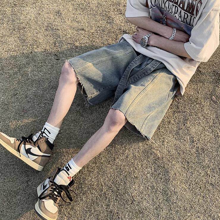 做旧水洗毛边牛仔短裤男夏季美式复古炸街痞帅高街宽松阔腿五分裤图片