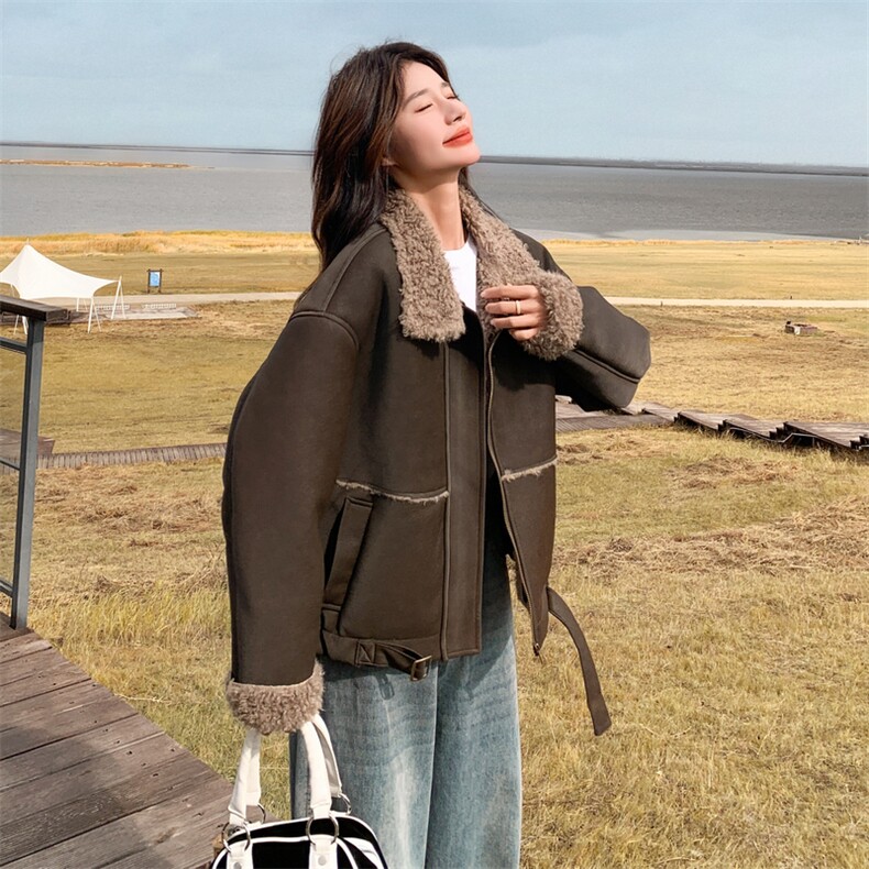 咖色复古皮毛一体机车棉服女冬装2024新款韩版高级感加厚加绒外套,女装短外套,2B183
