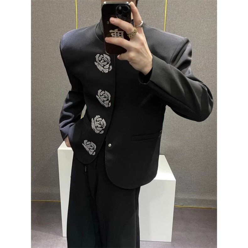 新中式立领黑色西装外套男高级感小众烫钻花朵重工垫肩西服,男装西服套装,四季星座505