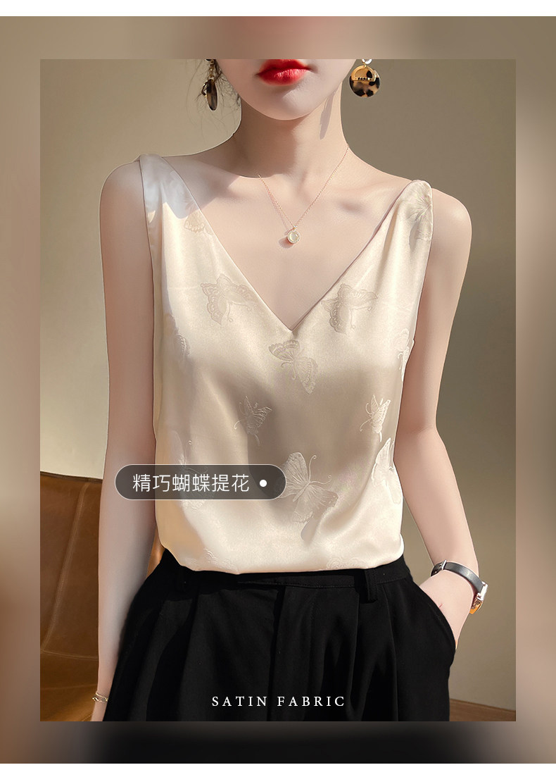真丝吊带背心女西装内搭缎面桑蚕丝白色圆领无袖打底衫夏季上衣,女装蕾丝衫/雪纺衫,绒泰祥