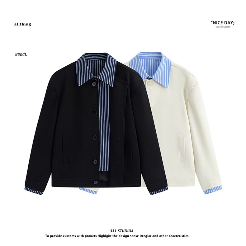 平铺~春季假两件衬衫领叠穿垫肩夹克外套YJ6027/P115，男装夹克，电商B331