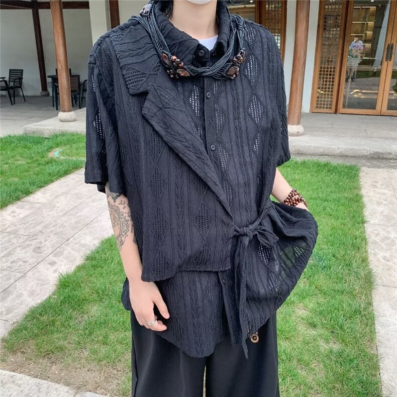 夏季针织镂空衬衫提花镂空肌理感新中式拼接绑带设计短袖C4552,男装衬衫,星座1116A-1（原606A）