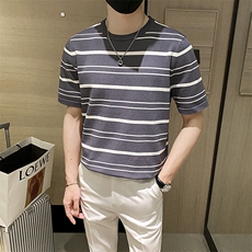 条纹短袖圆领T恤男港风潮流休闲打底衫男生圆领五分袖体恤上衣，男装T恤，星座506