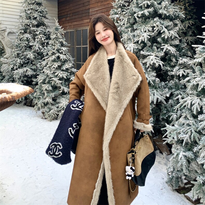 超保暖复古美拉德色长款皮毛一体大衣外套190-5080-P285K398,女装毛呢外套,2B190