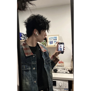 【有货】格子拼接牛仔外套男女设计感美式短款夹克J63LL-特P75图片