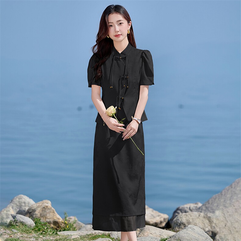 新中式国风套装女2025夏新款显瘦洋气漂亮盘扣半裙两件套裙HR86,女装套装/套裙,火爆靓佳人