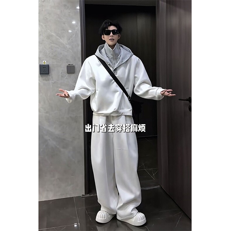 春季新款假两件连帽上衣弯刀裤套装男W369-P108K369-P78(网图），男装休闲套装，电商B267