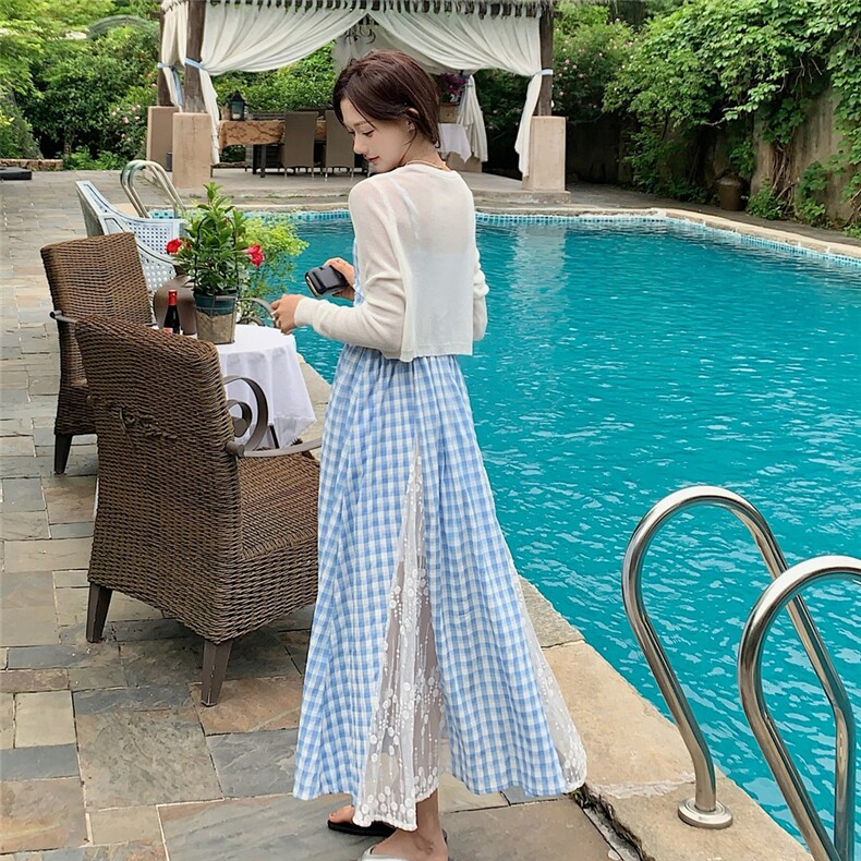 【度假风】温柔甜美格子吊带连衣裙+防晒针织开衫A234-P145-k218,女装套装/套裙,2D148