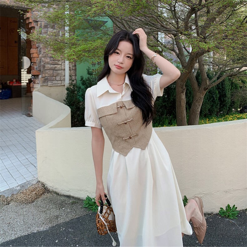 现货新款夏装2024年新中式假两件洋气减龄小个子显瘦连衣裙,女装连衣裙,乔米娜