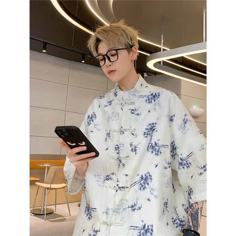 风盘扣短袖衬衫男夏季潮牌新中式竹子印花五分袖衬衣WA1285-P32，男装T恤，星座208-5