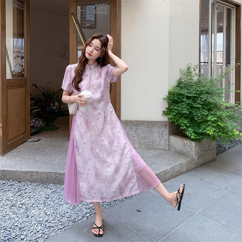 紫粉色碎花新中式国风连衣裙女夏2025新款超火巨好看改良款旗袍,女装连衣裙,欧黛芙妮