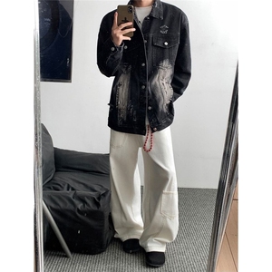 重工美式破洞牛仔外套男女2026春秋高街痞帅牛仔夹克翻领情侣上衣图片