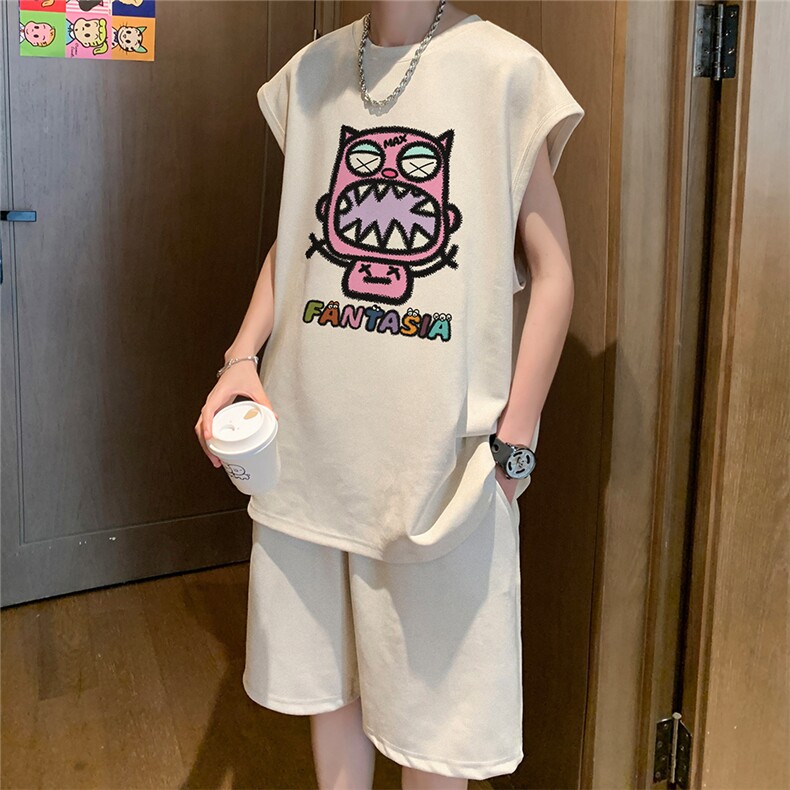 直播美式麂皮绒宽松背心无袖t恤短裤大码两件套套装TZ23-P58,男装T恤,电商A486