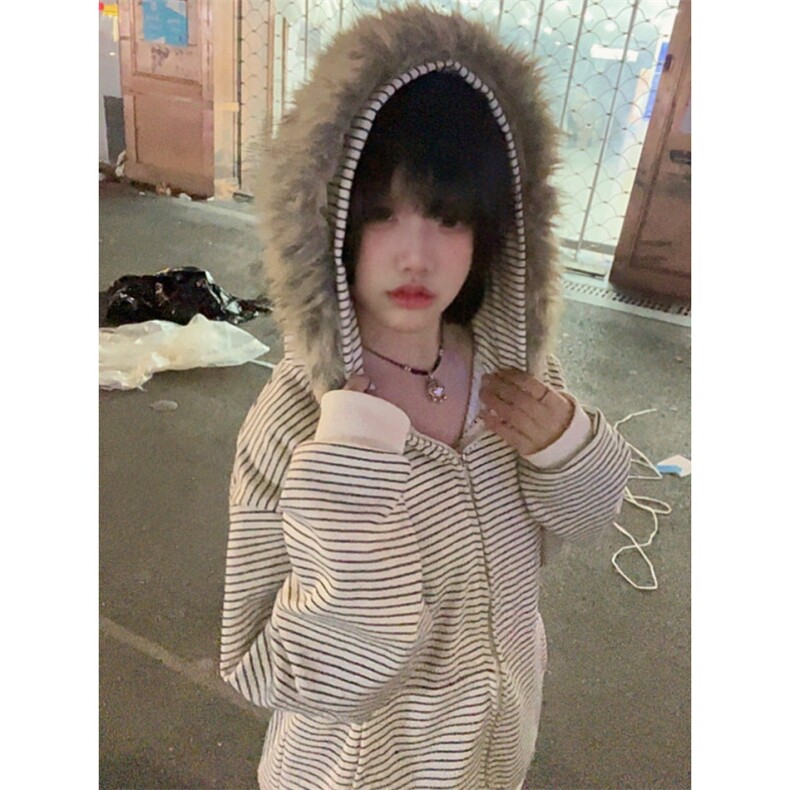 美式复古毛领连帽卫衣外套男女秋冬休闲宽松开衫上衣LW2355-P65，女装短外套，星座1008