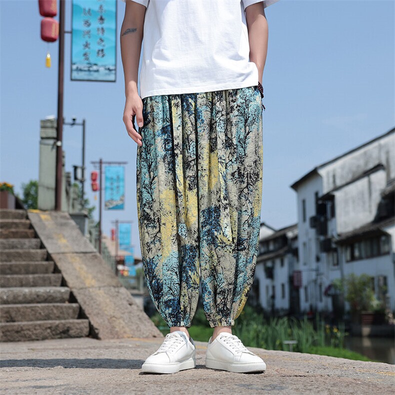 新中式冰丝数码印花宽松休闲九分裤801-p55,男装休闲裤,星座816A（原B366）