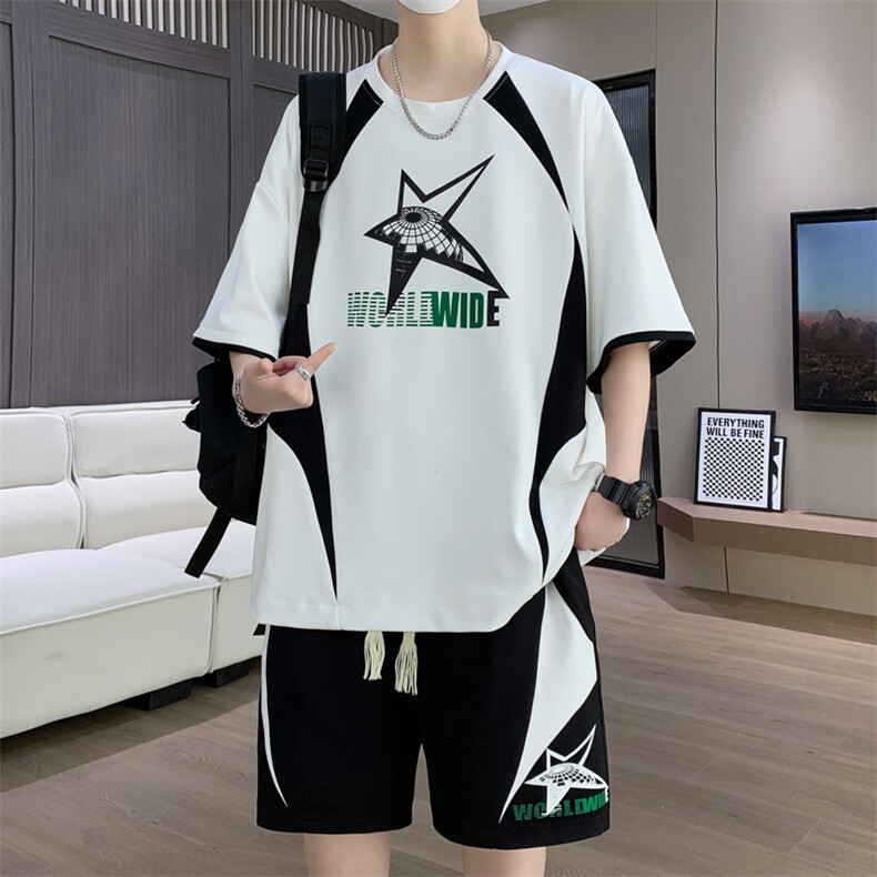 休闲运动套装夏季宽松阔版青少年学生短袖短裤一套A436-T68-P50,男装休闲套装,电商A436
