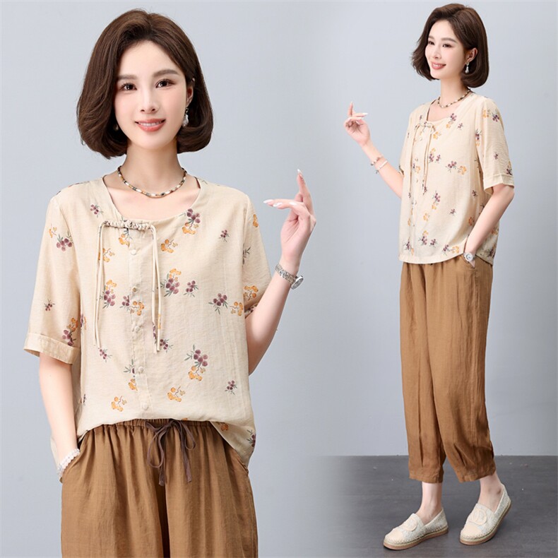 2024年夏季新款潮T恤女短袖宽松显瘦新中式套头圆领上衣女打底衫，女装T恤，简韵佳