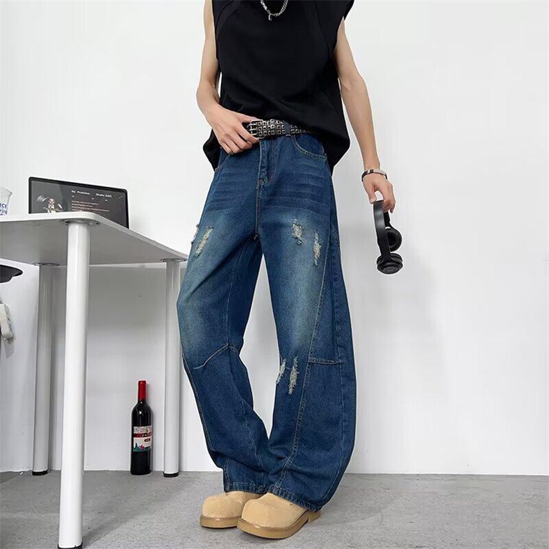 美式解构弯刀破洞牛仔裤男夏季高街复古潮牌宽松水洗休闲阔腿长裤,男装牛仔裤,星座601-1